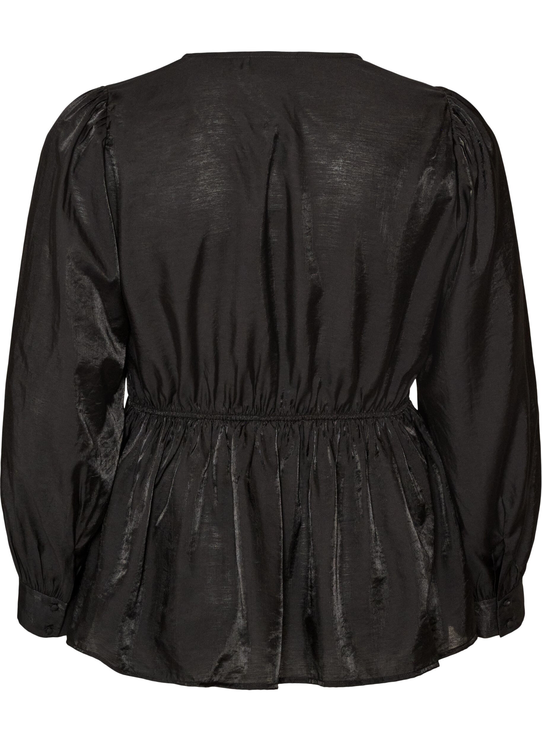 ZizziGlanzende viscose blouse met peplumeffect, Zwart, Packshot image number 1