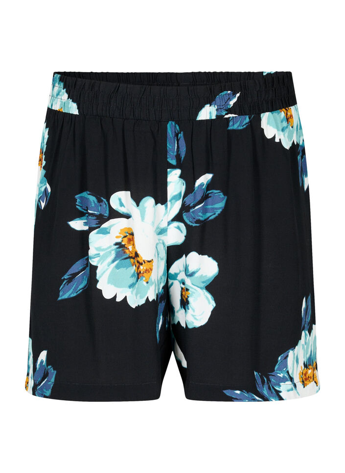 Losse shorts van viscose, Black Big Flower, Packshot image number 0