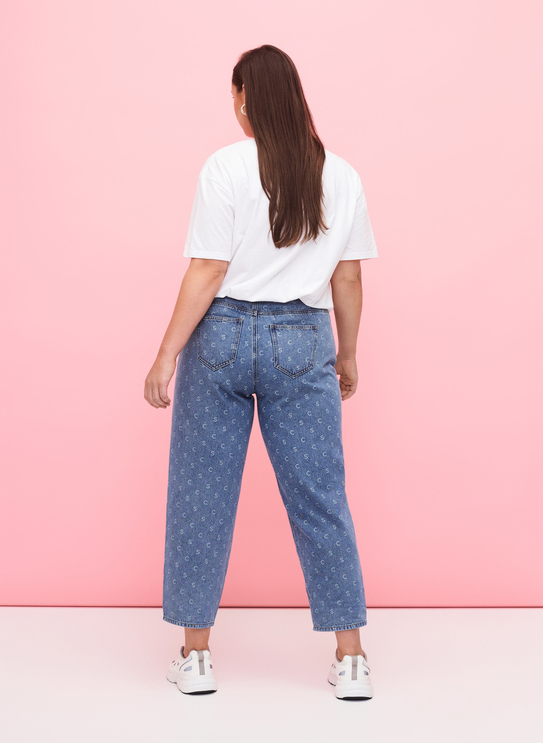 Zizzi Cropped jeans met print en hoge taille, Blue denim, Model image number 1
