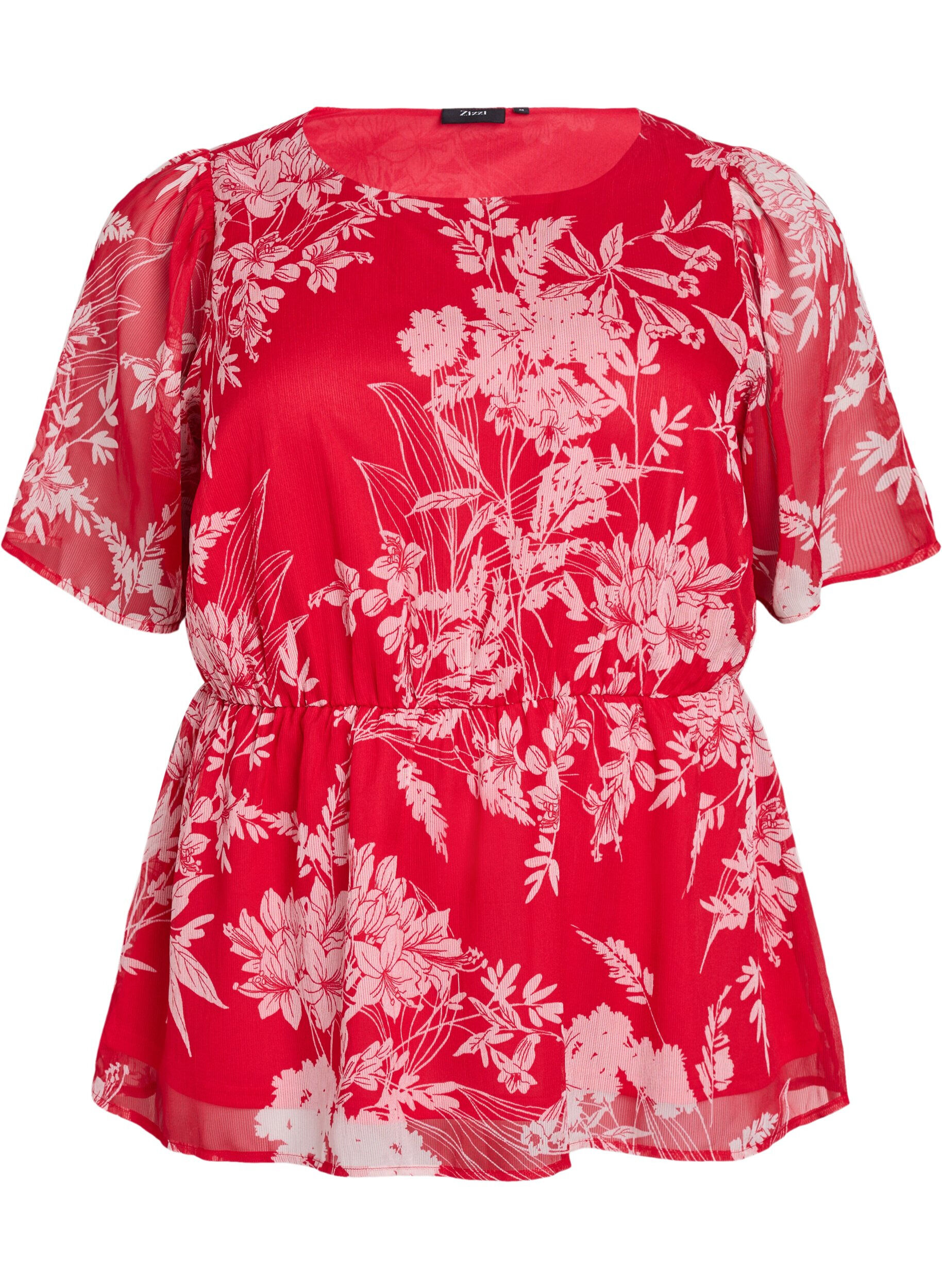 Zizzi Chiffon blouse met bloemenprint en elastische taille, Rood, Packshot image number 0