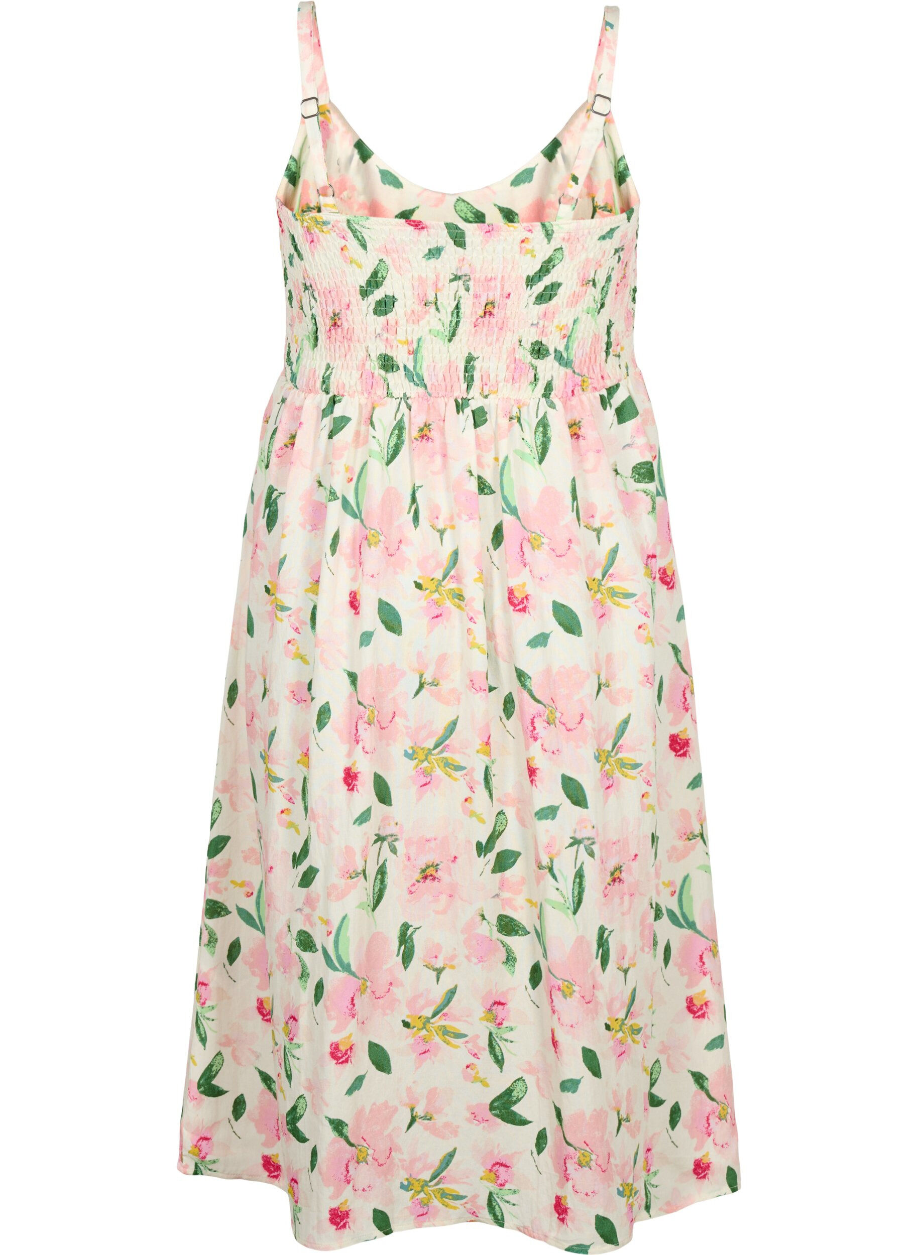 Zizzi Gebloemde viscose strappy jurk met smock, Off White Flower, Packshot image number 1