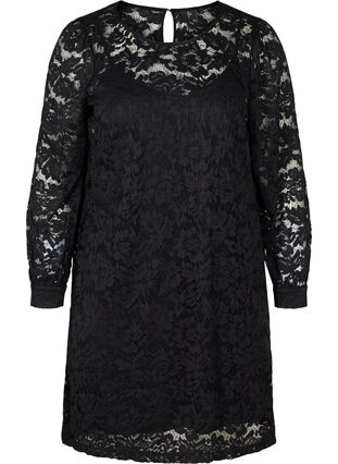 Kanten jurk met ronde hals en lange mouwen, Black, Packshot image number 0