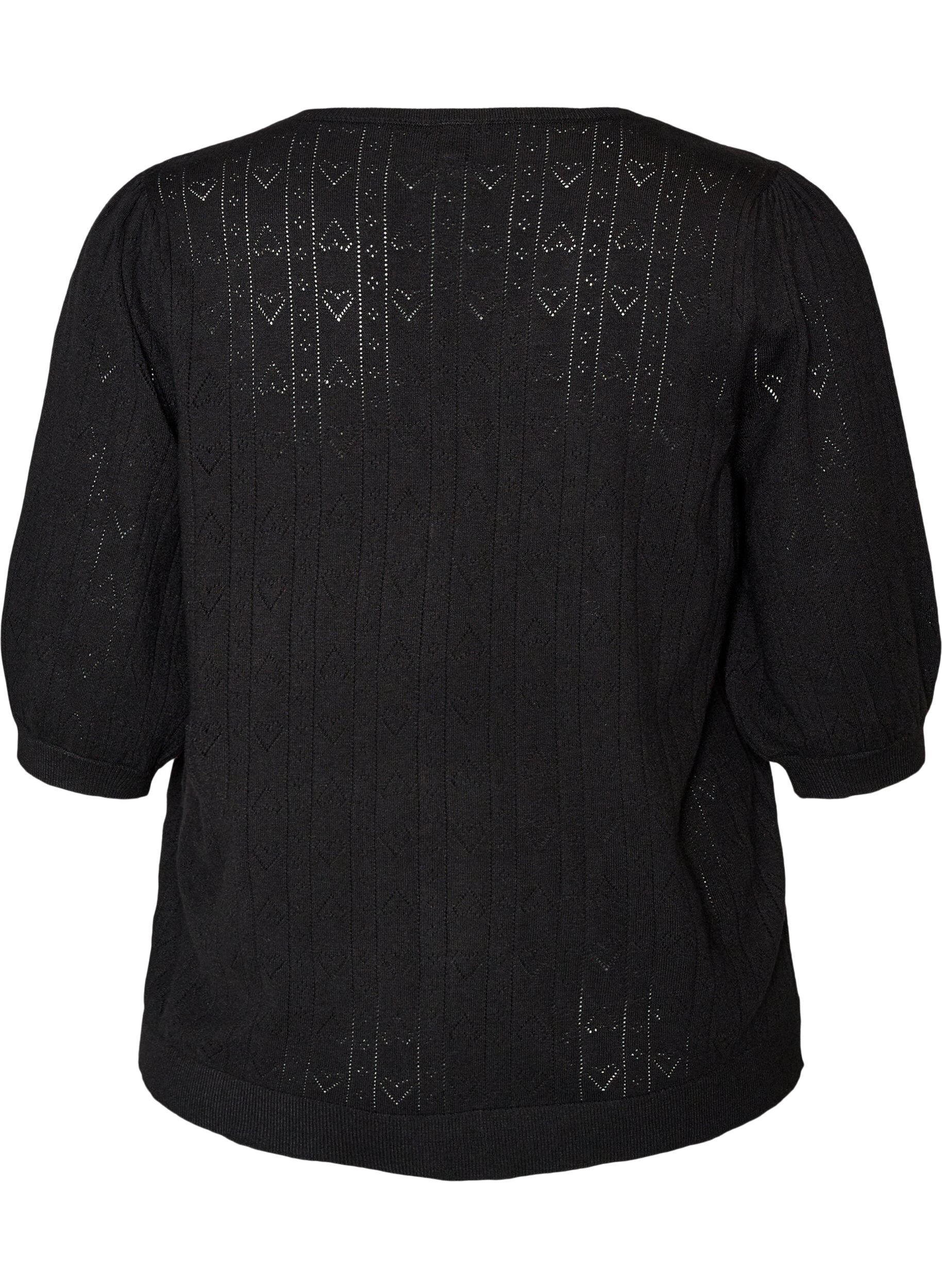 ZizziGebreide blouse met korte mouwen en pointellepatroon, Zwart, Packshot image number 1