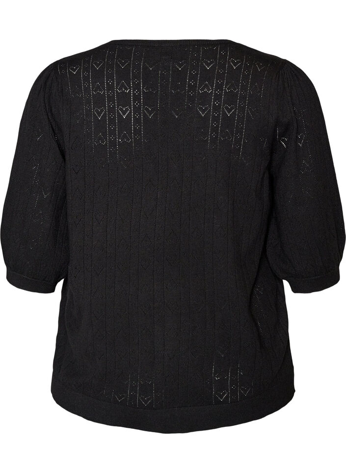 Gebreide blouse met korte mouwen en pointellepatroon, Zwart, Packshot image number 1