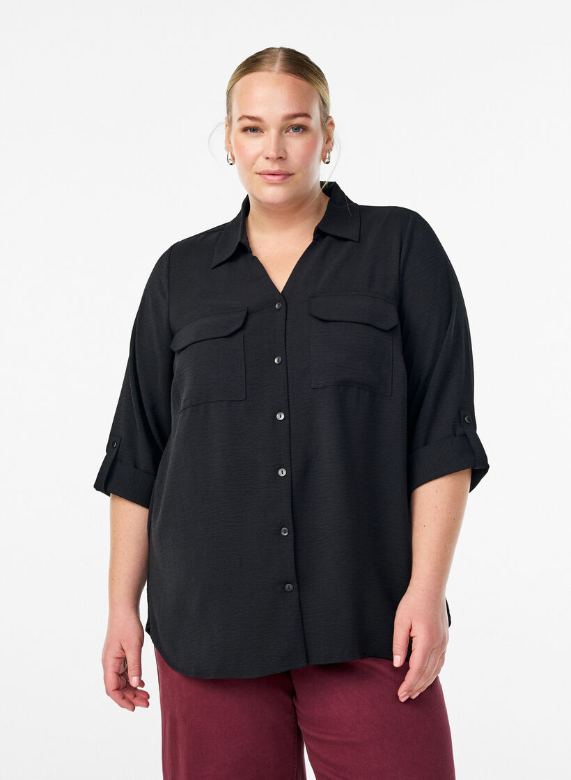 Shirt met 3/4 mouwen en borstzakken, Zwart, Model image number 0