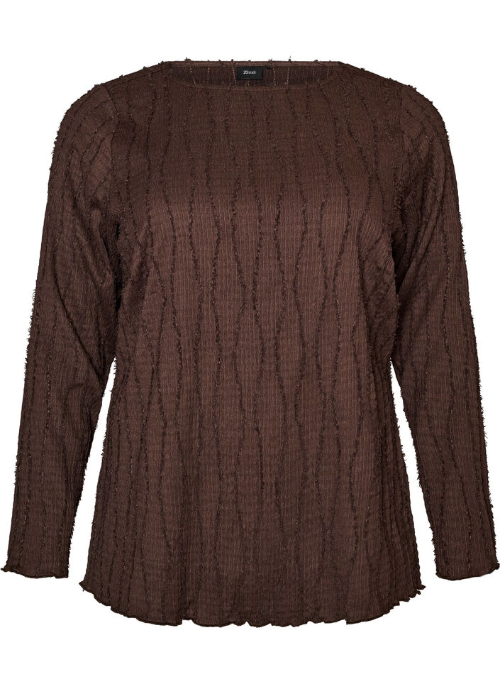 Jersey blouse met een golvende textuur, Bruin, Packshot image number 0