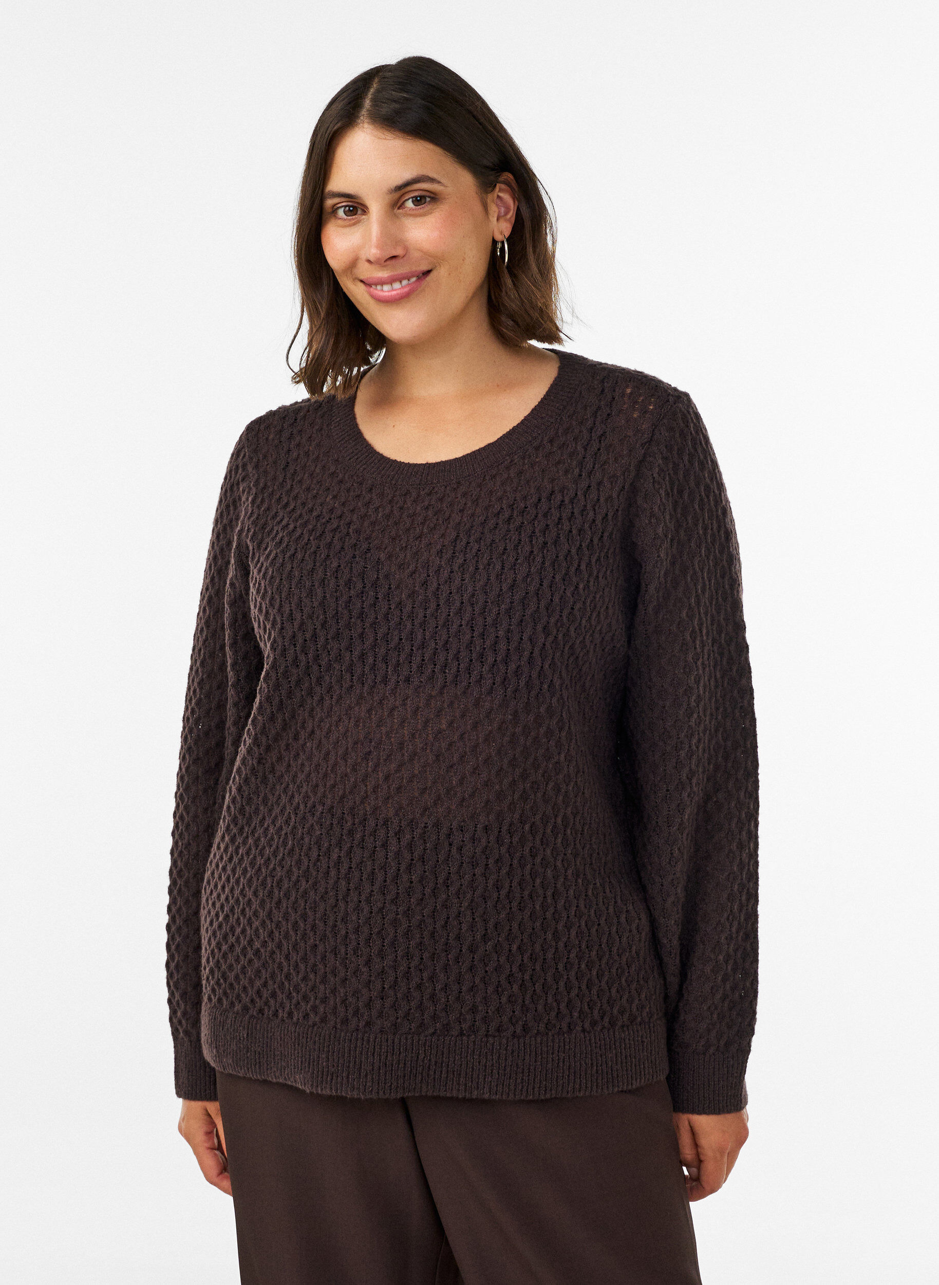 ZizziGebreide blouse met een opengewerkt structuurpatroon, Bruin, Model image number 0