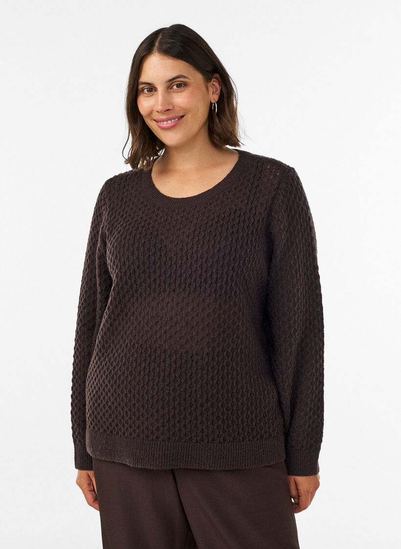 Gebreide blouse met een opengewerkt structuurpatroon, Bruin, Model image number 0