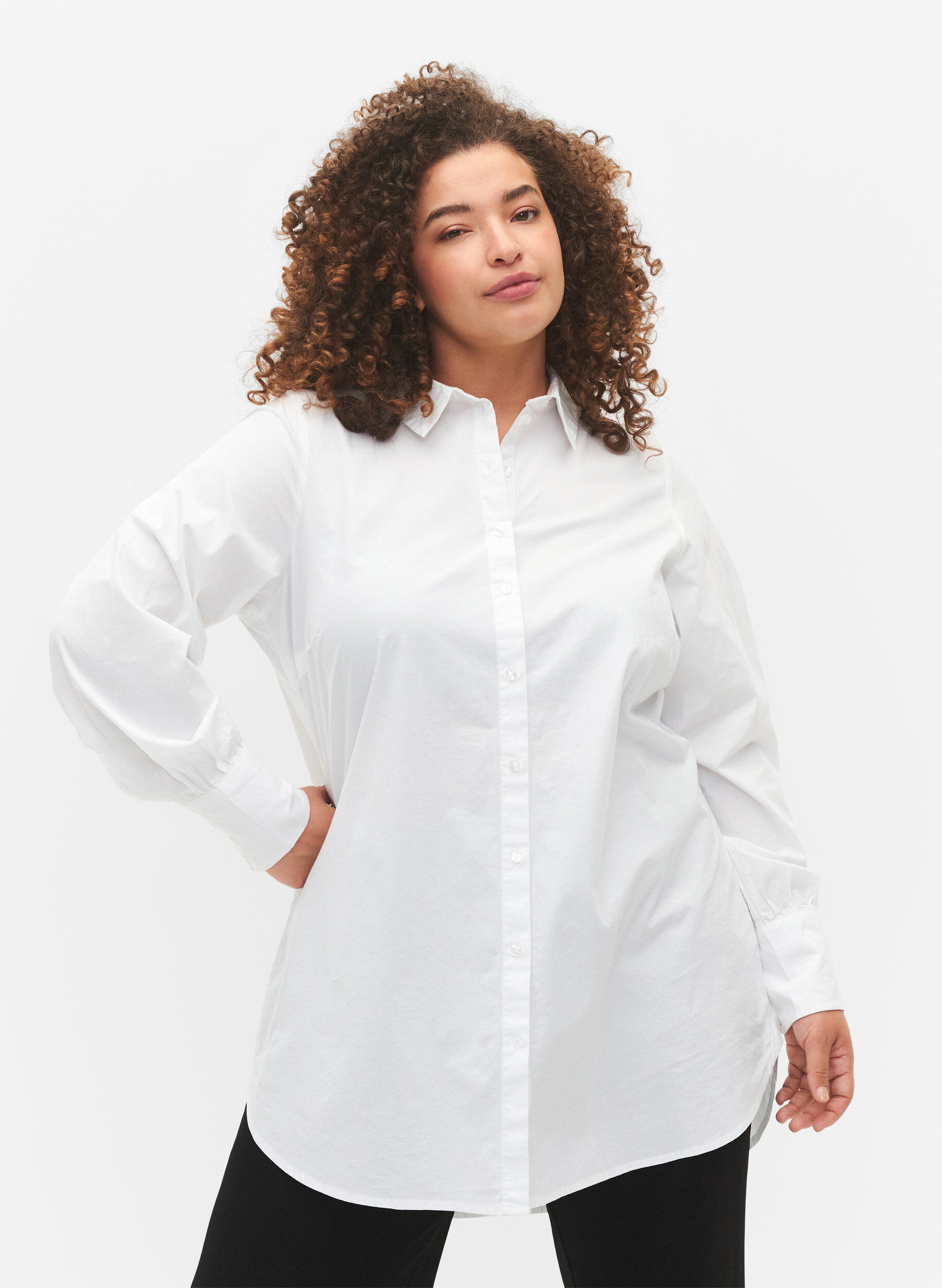 Zizzi Lange katoenen shirt, Bright White, Model image number 0