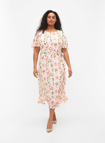 	 Midi-jurk met korte mouwen en bloemenprint, White w. Pink Flower, Model image number 0