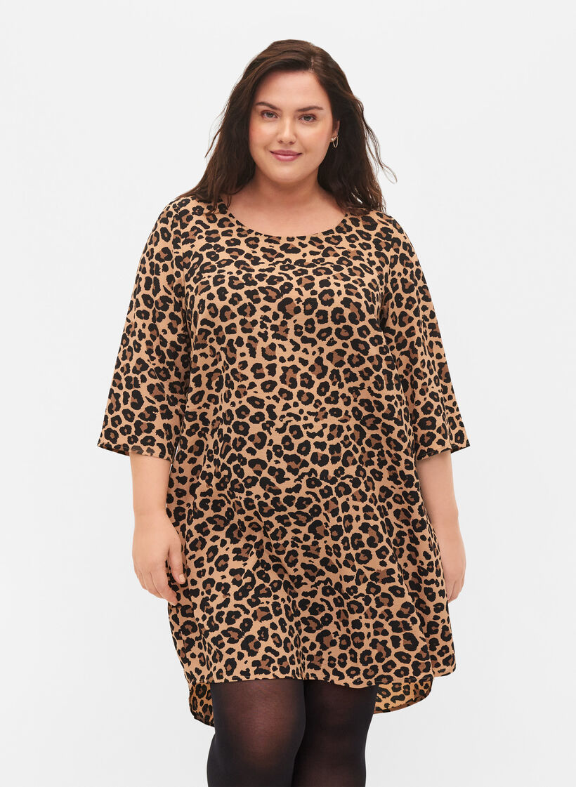 Bedrukte jurk met 3/4 mouwen, Leopard, Model