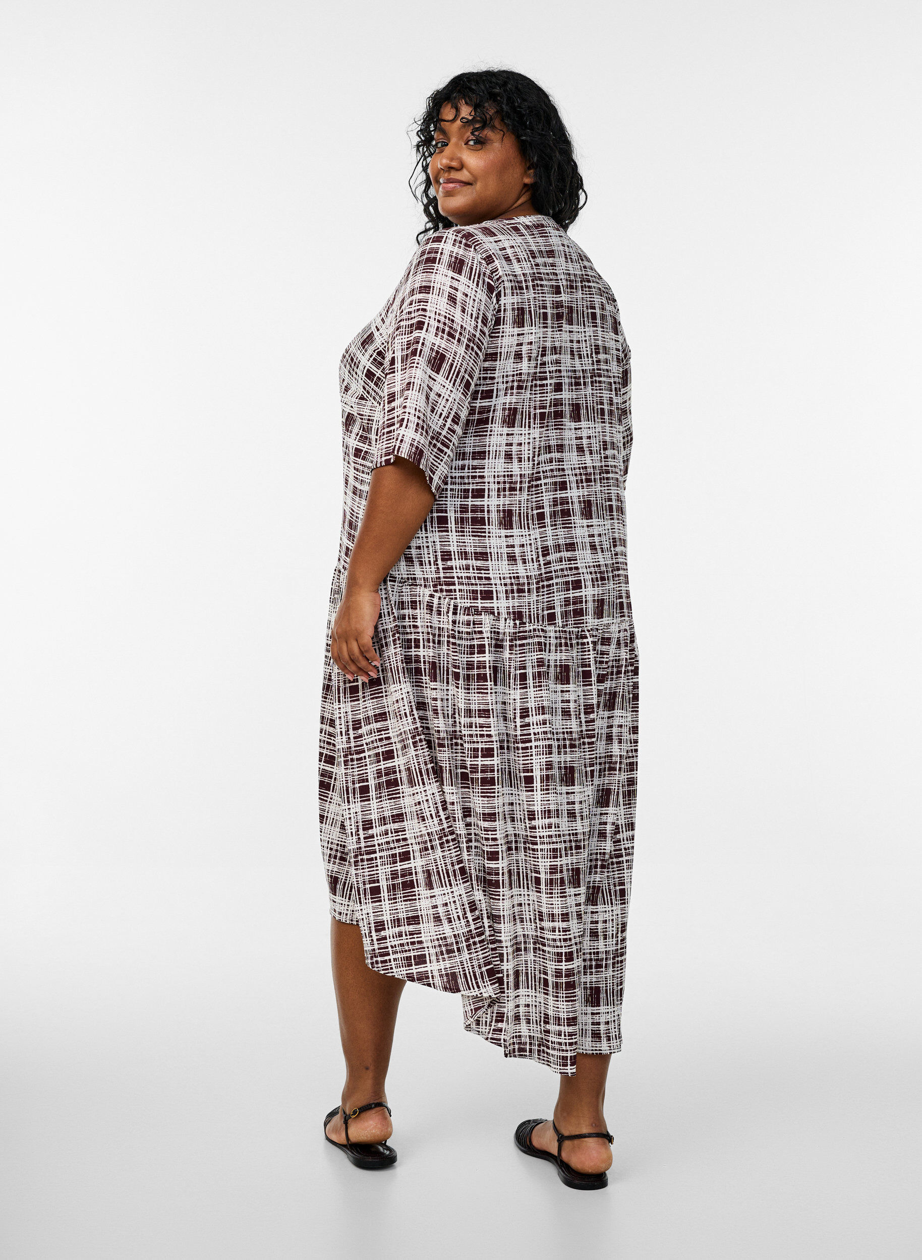 Zizzi A-lijn midi-jurk met korte mouwen, Donker Bordeaux, Model image number 1