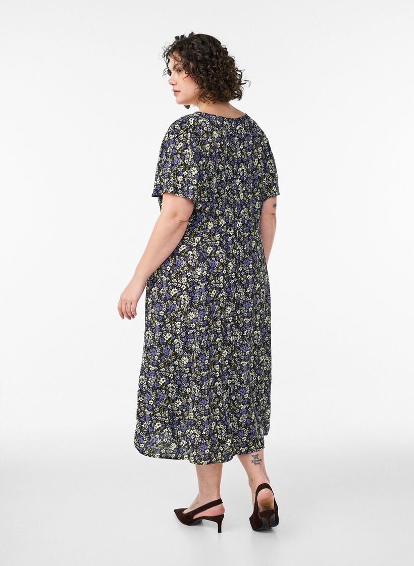 Viscose midi-jurk met bloemenprint, Zwart, Model image number 1