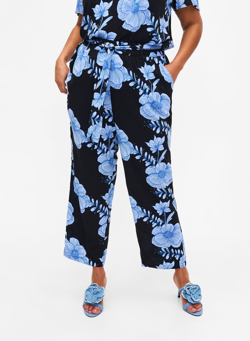 Viscose broek met hoge taille, Zwart, Model image number 2