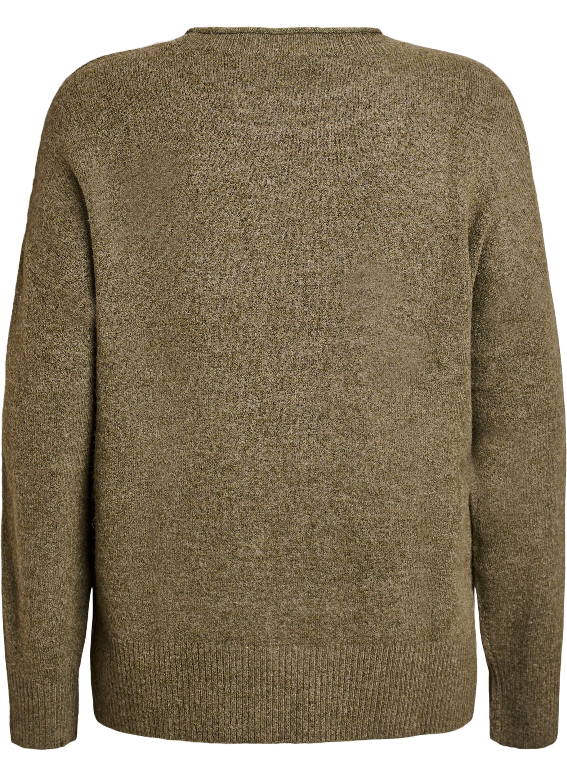 Zizzi Gebreide blouse met V-vormig geribd patroon en zijsplitjes, Groen, Packshot image number 1