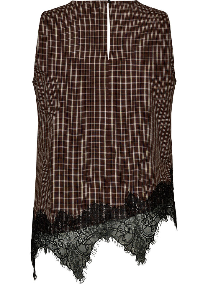 Geruite top met asymmetrische kanten afwerking, Bruin, Packshot image number 1