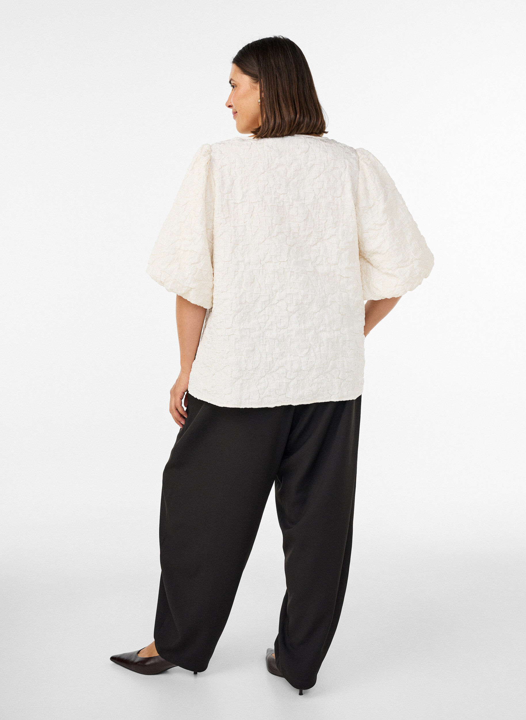 ZizziJacquard blouse met pofmouwen en A-lijnvorm, Vanille, Model image number 2