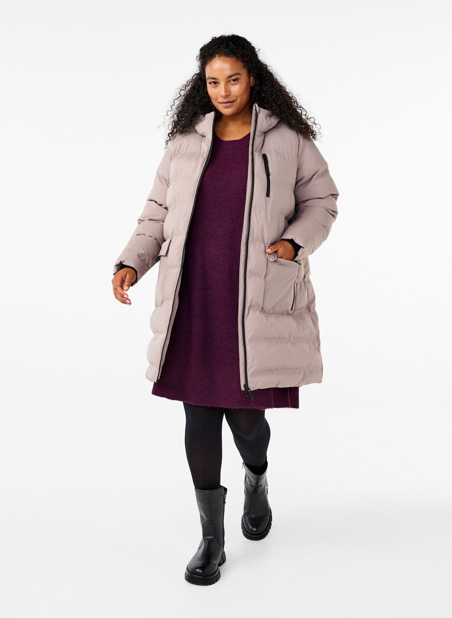ZizziPufferjas met capuchon en zakken, Beige, Model image number 1