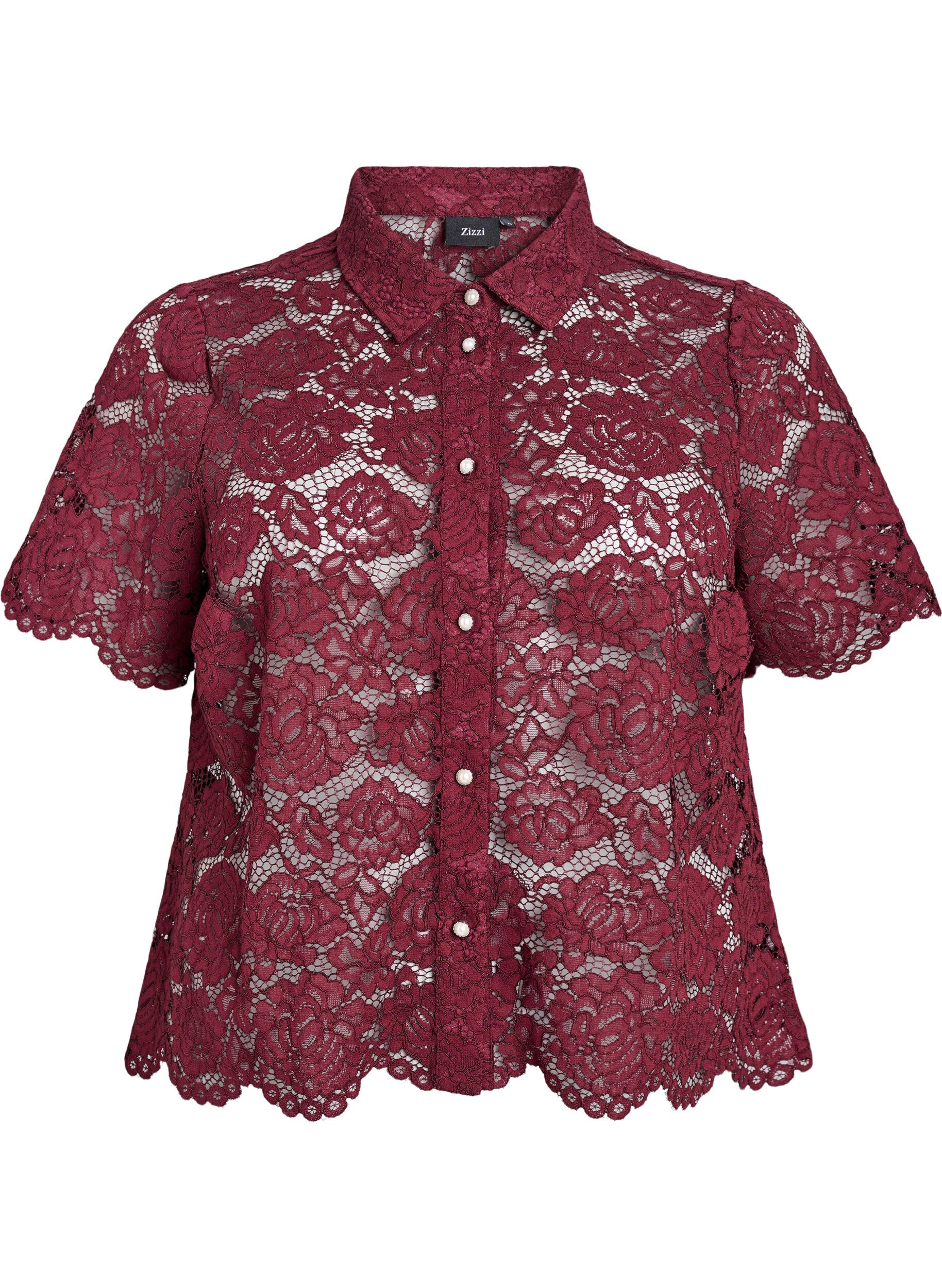 Zizzi Kanten shirt blouse met parelknopen, Donker Bordeaux, Packshot image number 0