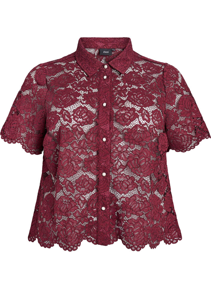 Kanten shirt blouse met parelknopen, Donker Bordeaux, Packshot image number 0