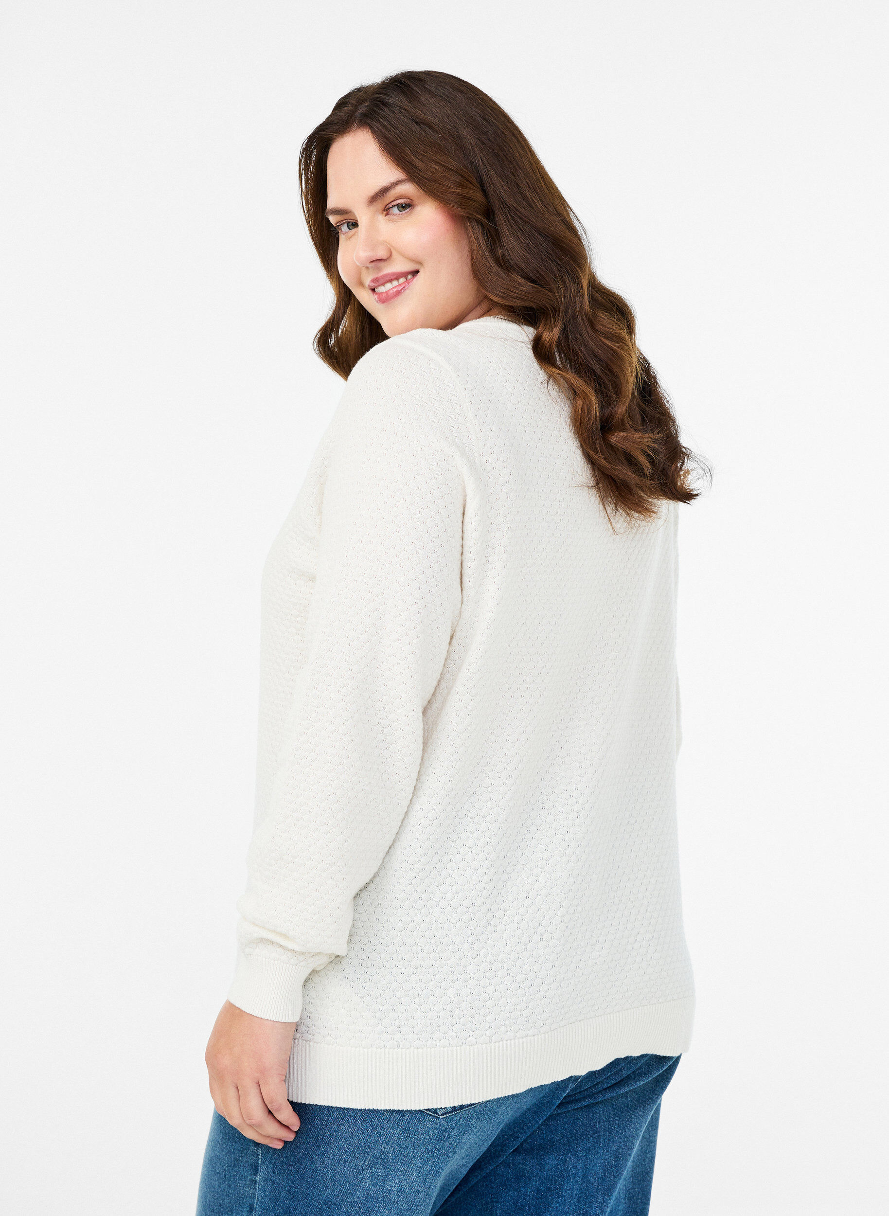 Zizzi Gebreide blouse van katoen met structuurpatroon, Vanille, Model image number 2