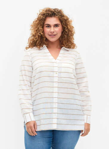 Shirtblouse met knoopsluiting van katoen-linnenmix, White Taupe Stripe, Model image number 0