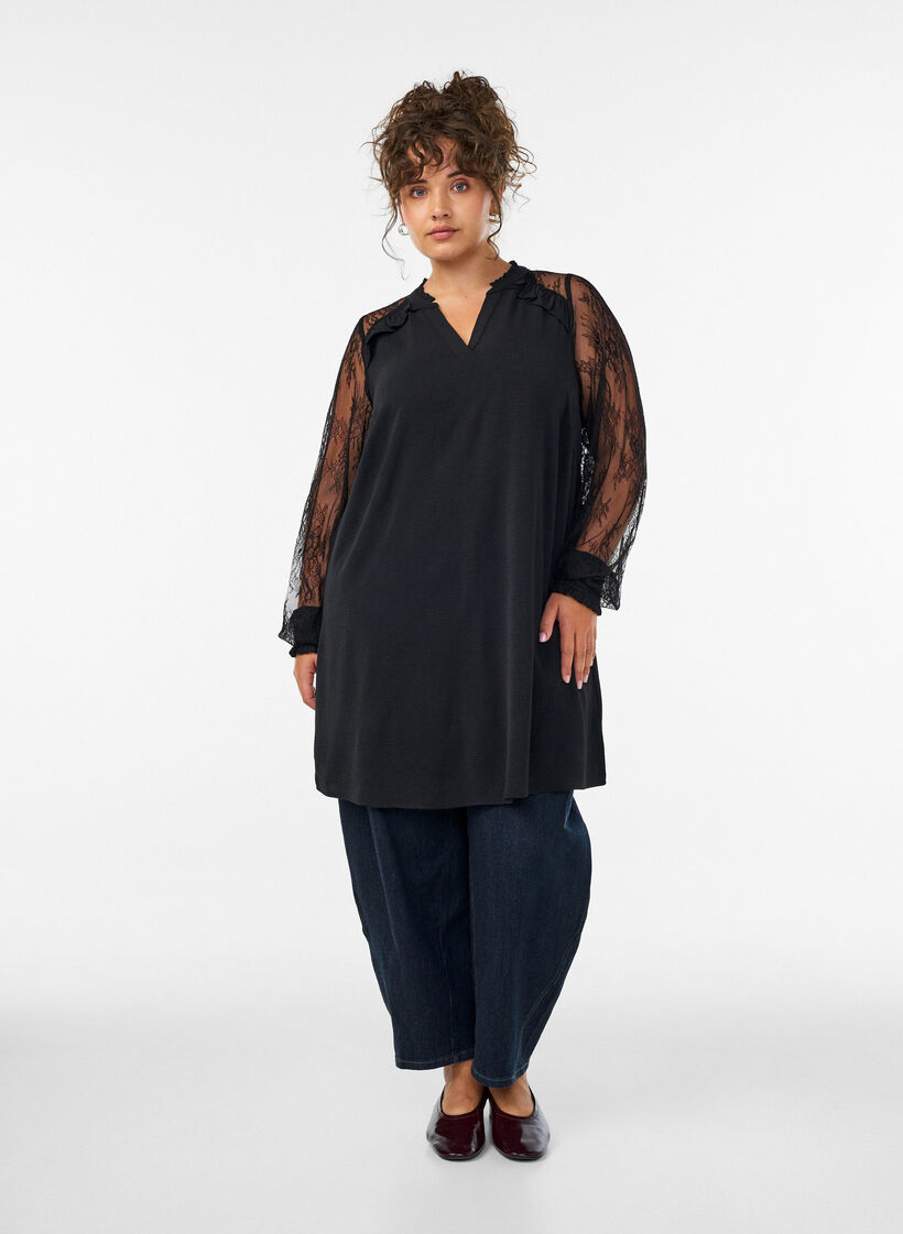 Tuniek met doorschijnende kanten mouwen, Zwart, Model image number 1