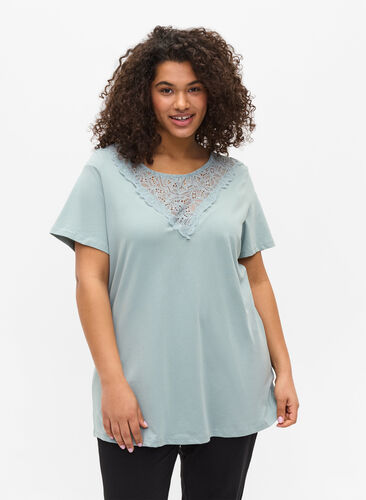 T-shirt met korte mouwen en kanten details, Silver Blue, Model image number 0