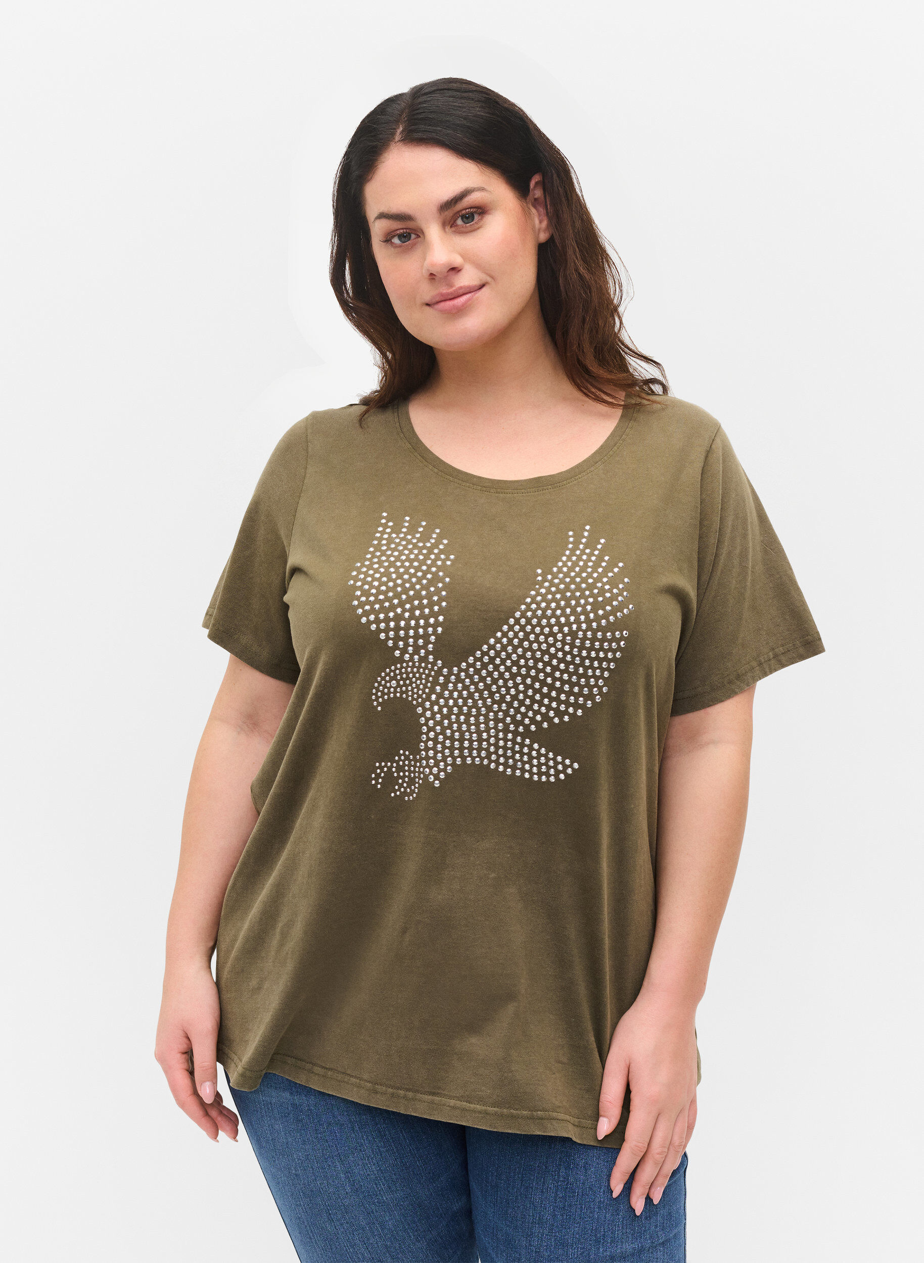 Zizzi Katoenen t-shirt met acid wash en steentjes, Ivy Green Wash, Model image number 0