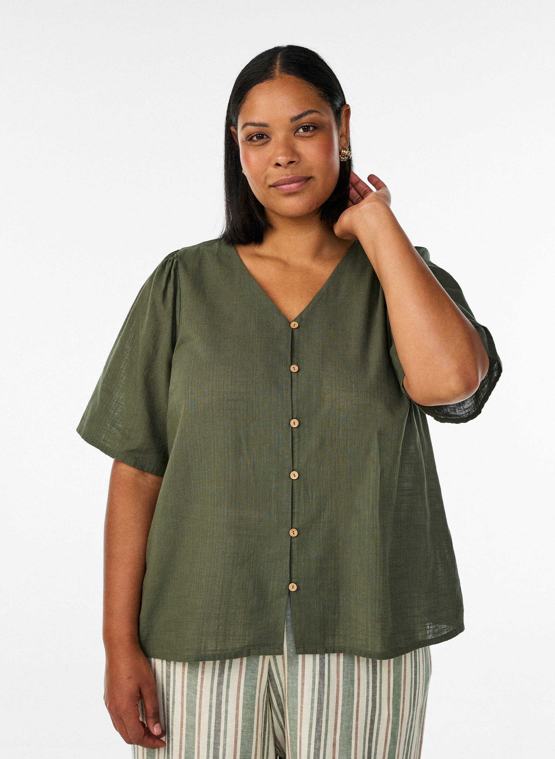 ZizziKatoenen shirt met korte mouwen en een V-hals, Groen, Model image number 0
