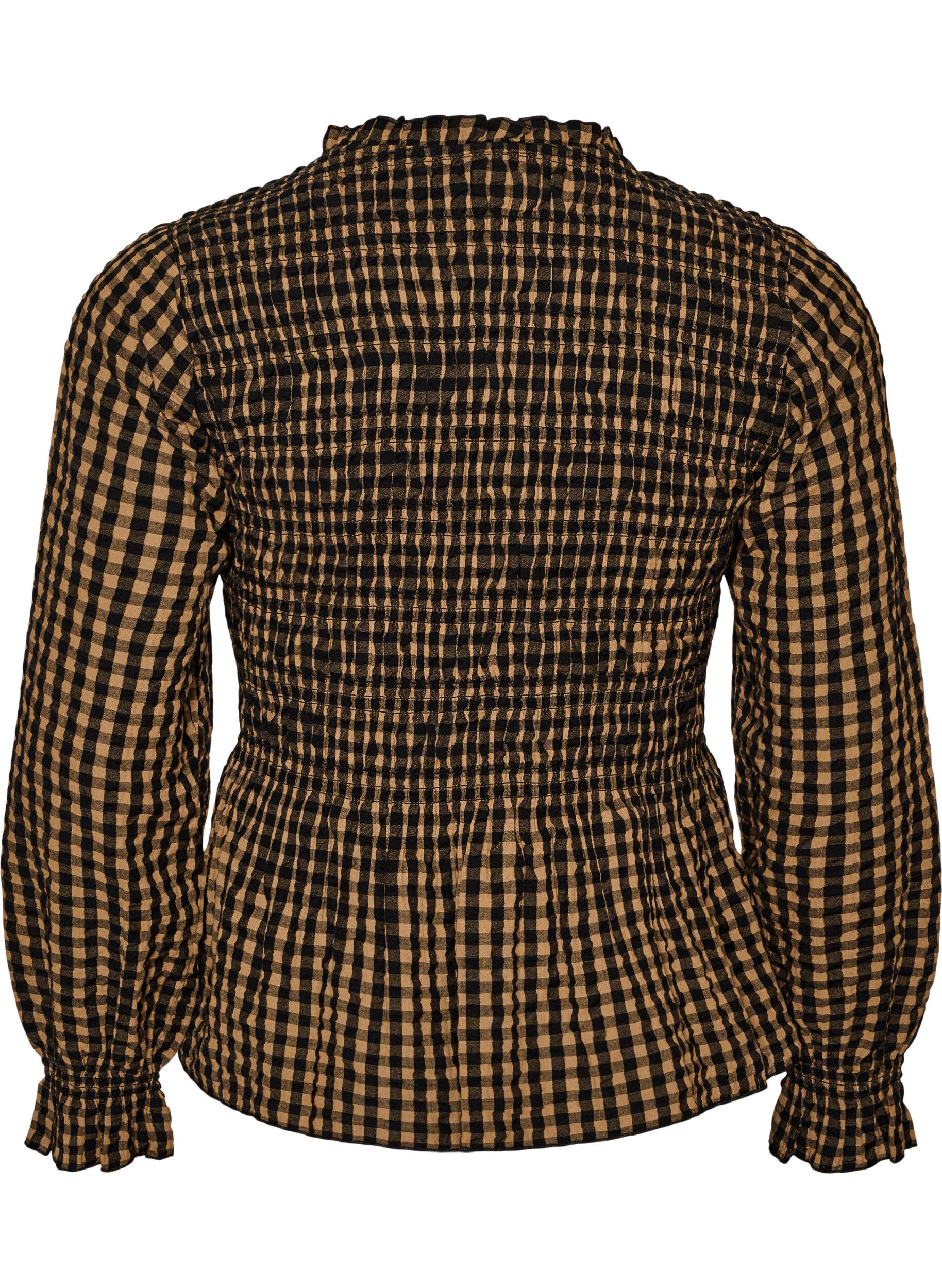 ZizziBlouse met ruitpatroon, smockwerk en peplum, Bruin, Packshot image number 1