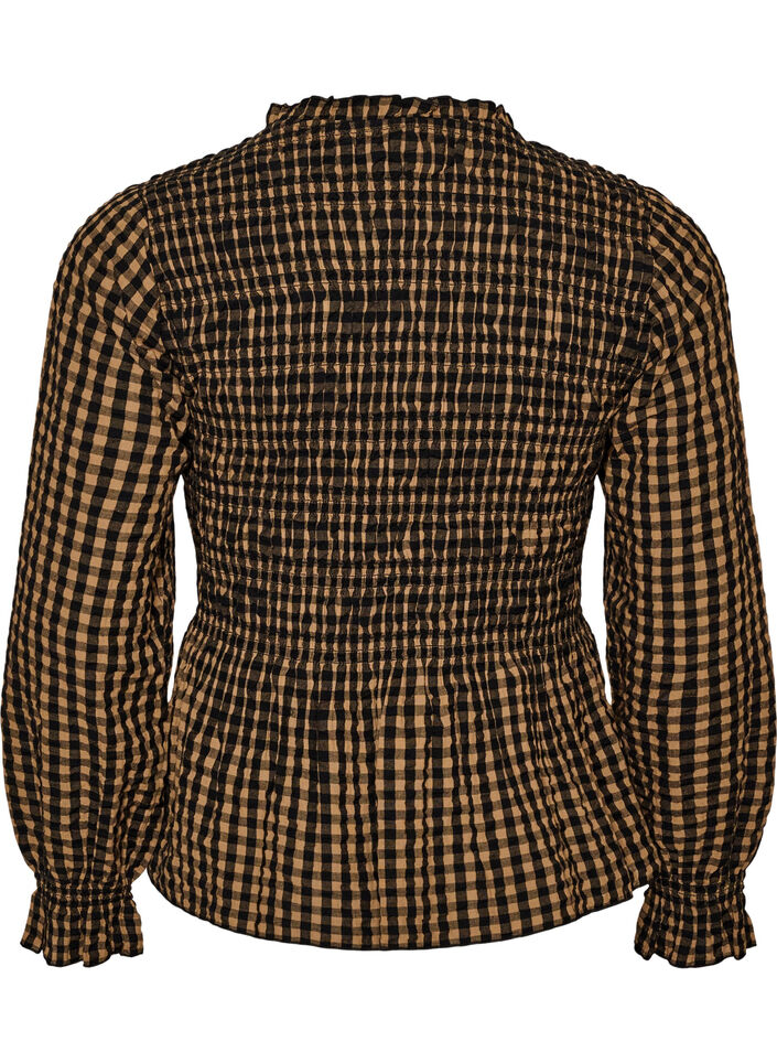 Blouse met ruitpatroon, smockwerk en peplum, Bruin, Packshot image number 1