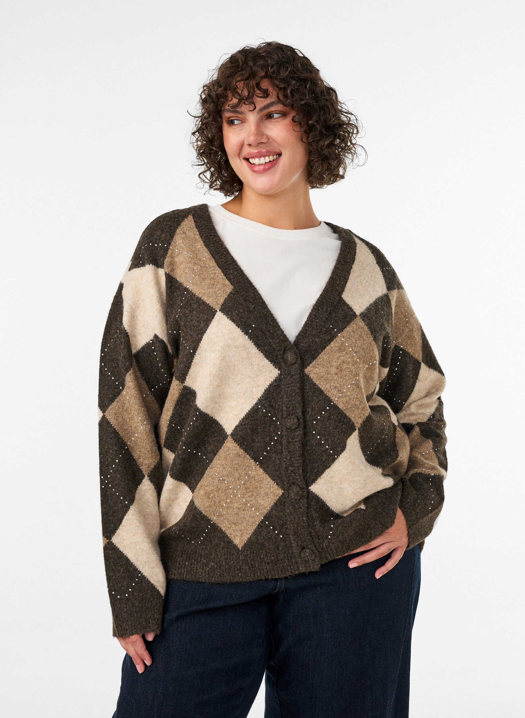 ZizziArgyle vest met strass-steentjes, Bruin, Model image number 0