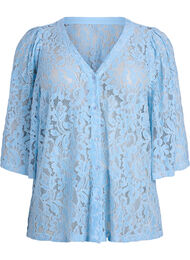 Kanten blouse met korte mouwen en V-hals, Blauw