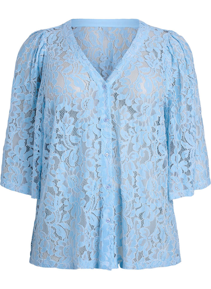 Kanten blouse met korte mouwen en V-hals, Blauw, Packshot image number 0