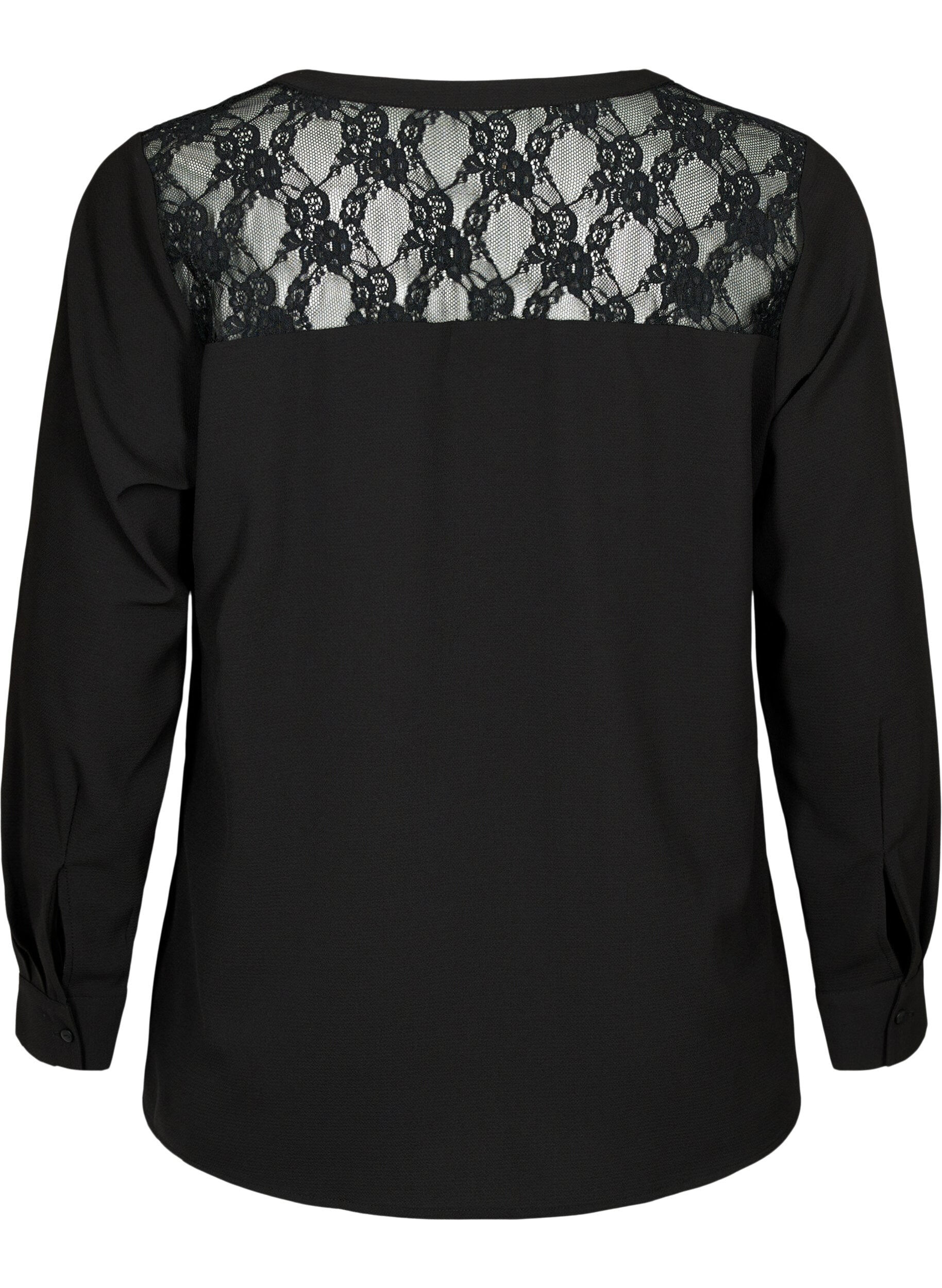 Zizzi Blouse met lange mouwen en kanten detail , Black, Packshot image number 1