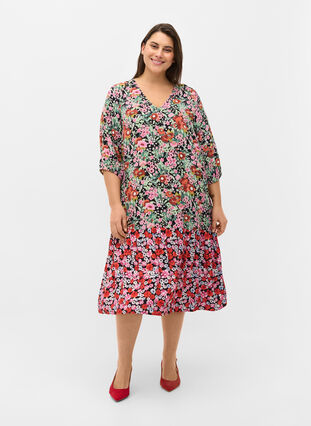 Gebloemde viscose jurk met 3/4 mouwen, Flower AOP Mix, Model image number 2