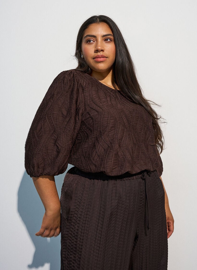 Blouse met textuur en 3/4 mouwen, Bruin, Model image number 0