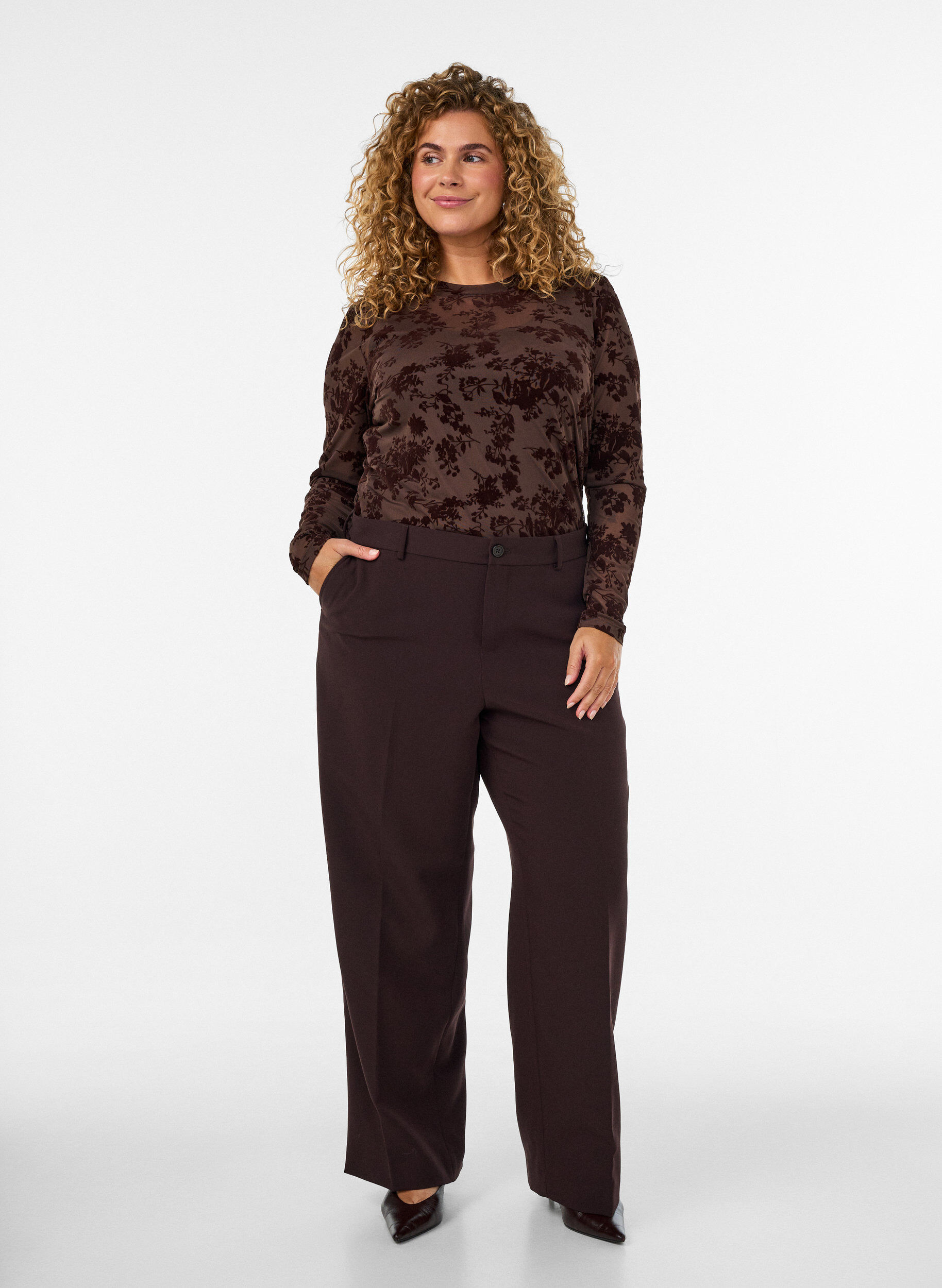 ZizziMesh blouse met bloemenpatroon, Bruin, Model image number 1