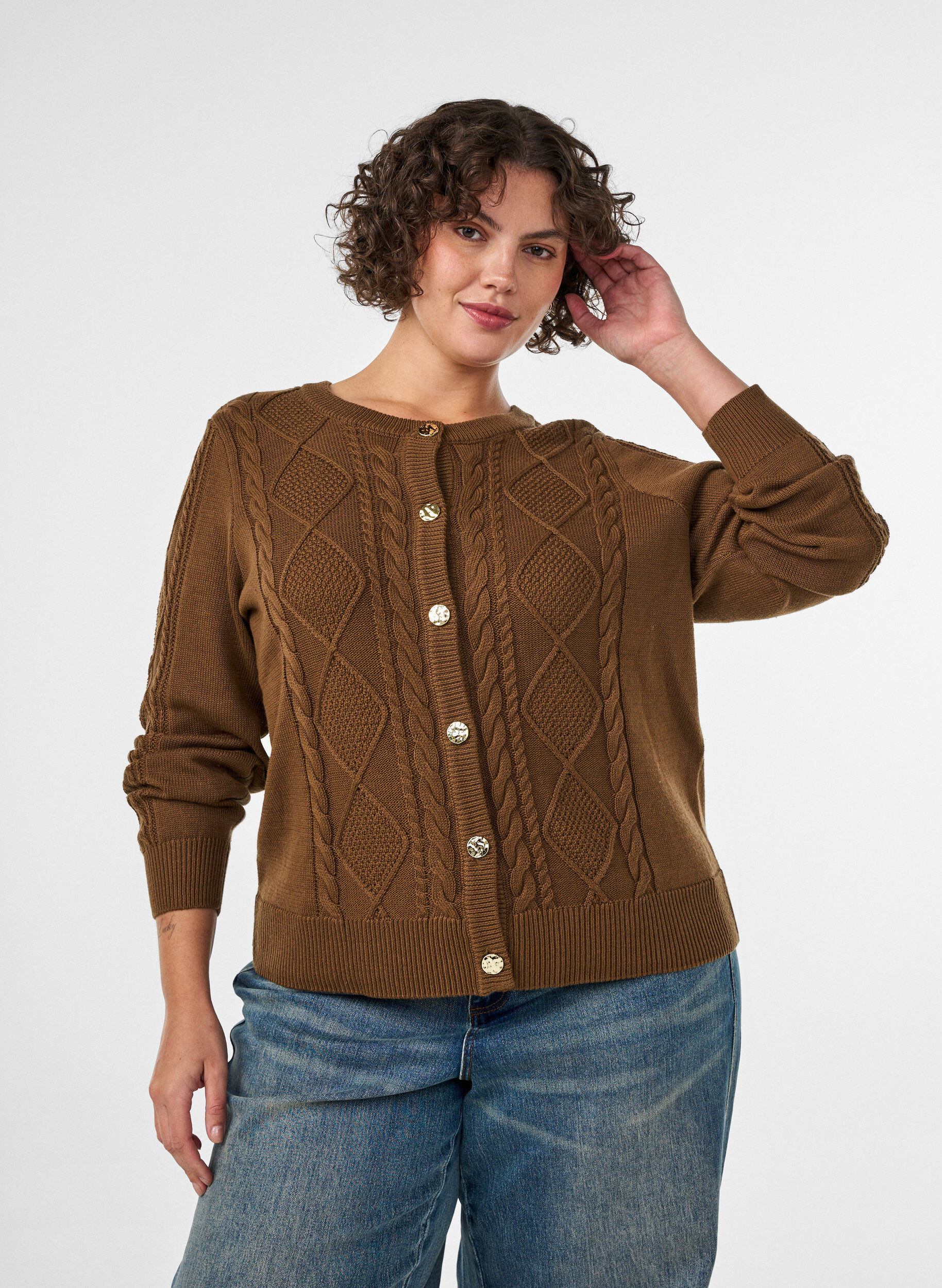 Kabelgebreide cardigan met decoratieve knopen, Bruin, Model