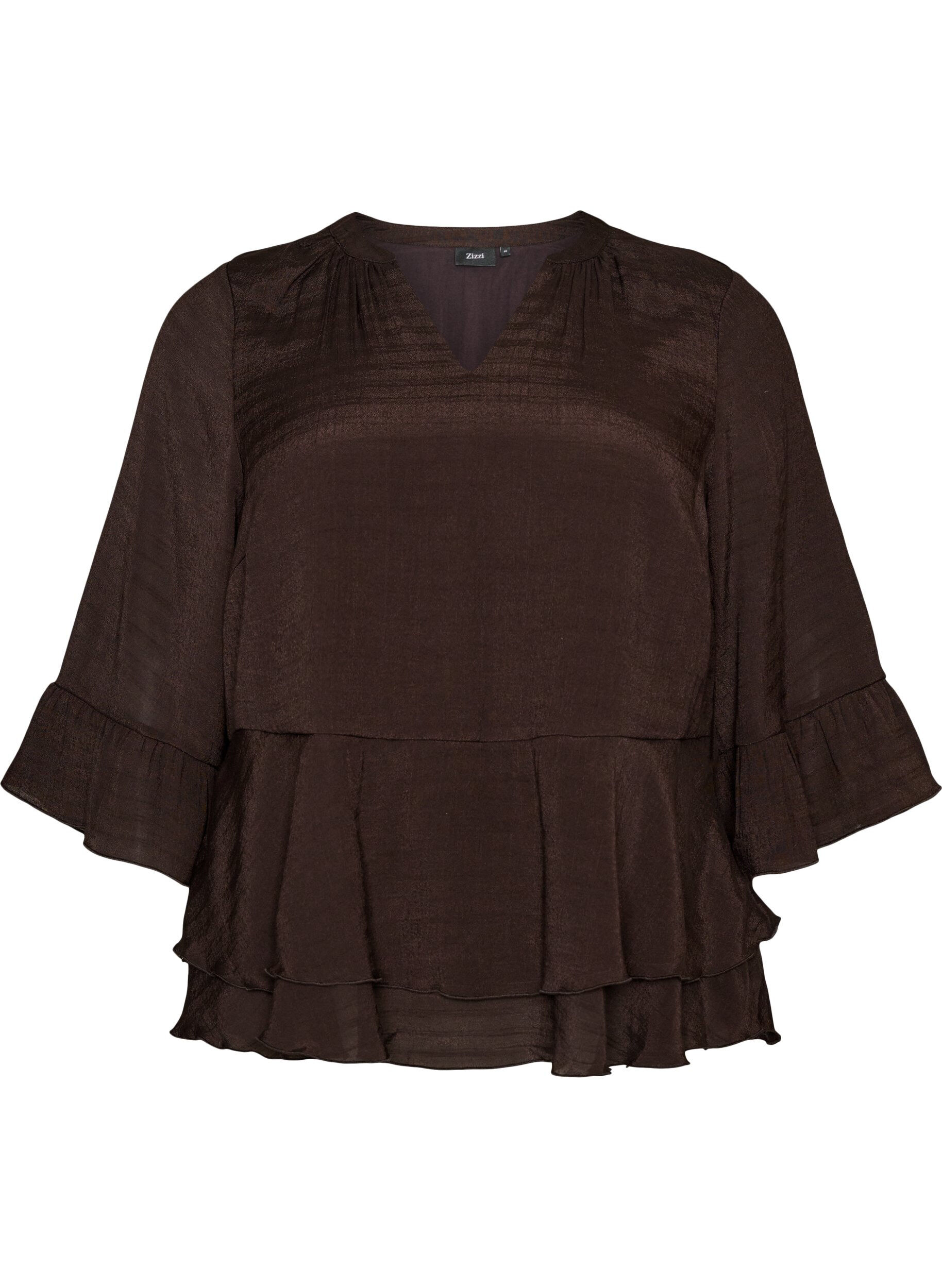 ZizziBlouse met 3/4-mouwen en ruchesdetails, Bruin, Packshot image number 0