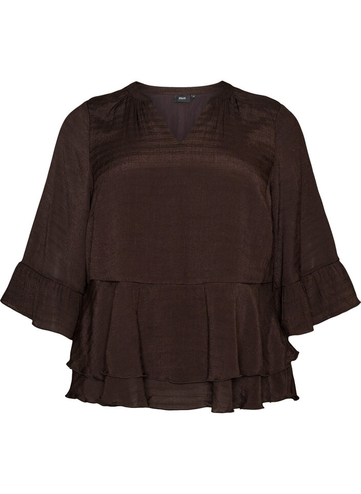 Blouse met 3/4-mouwen en ruchesdetails, Bruin, Packshot image number 0