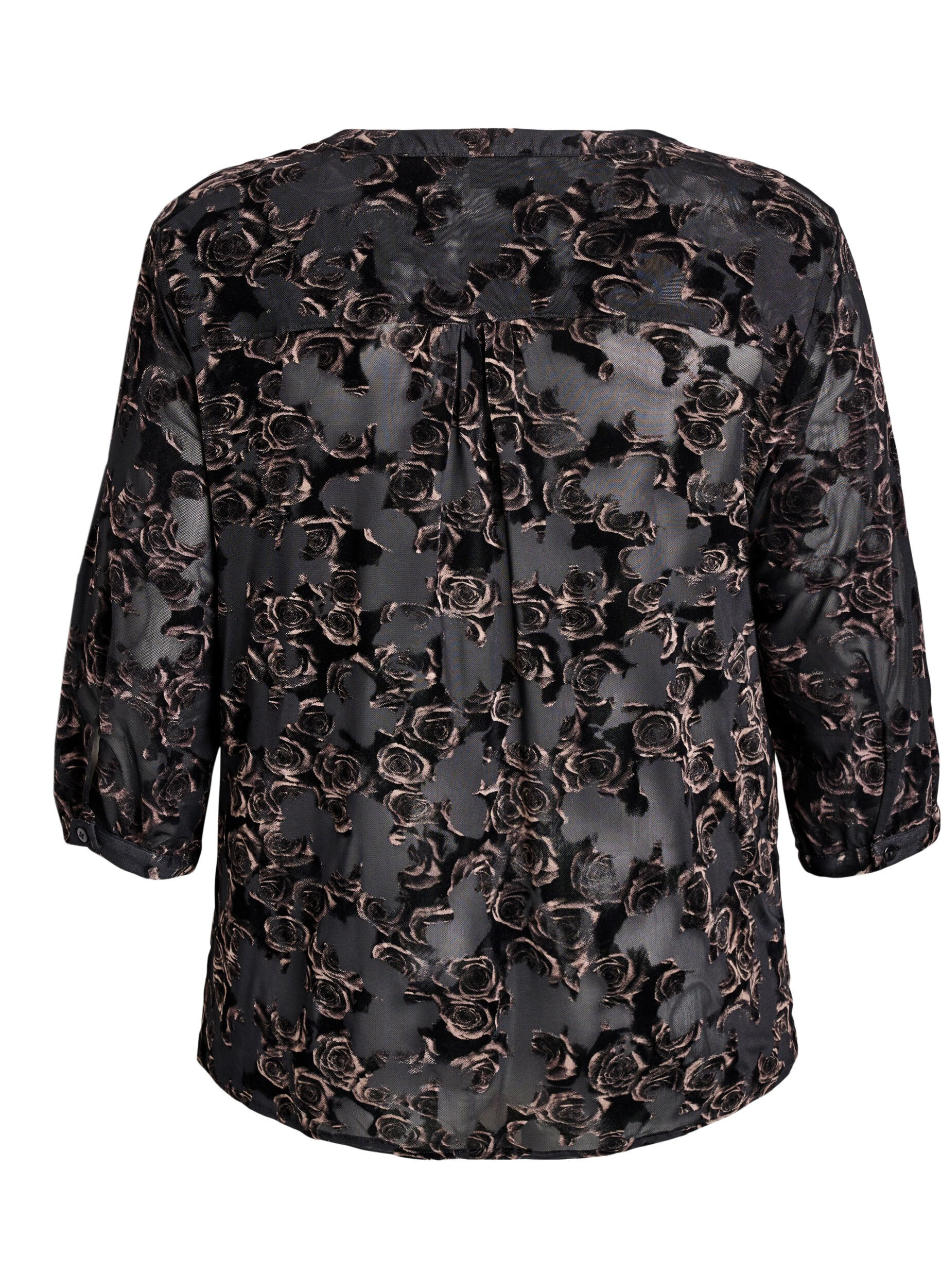 Zizzi Mesh blouse met 3/4 mouwen en velourrozen, Zwart, Packshot image number 1