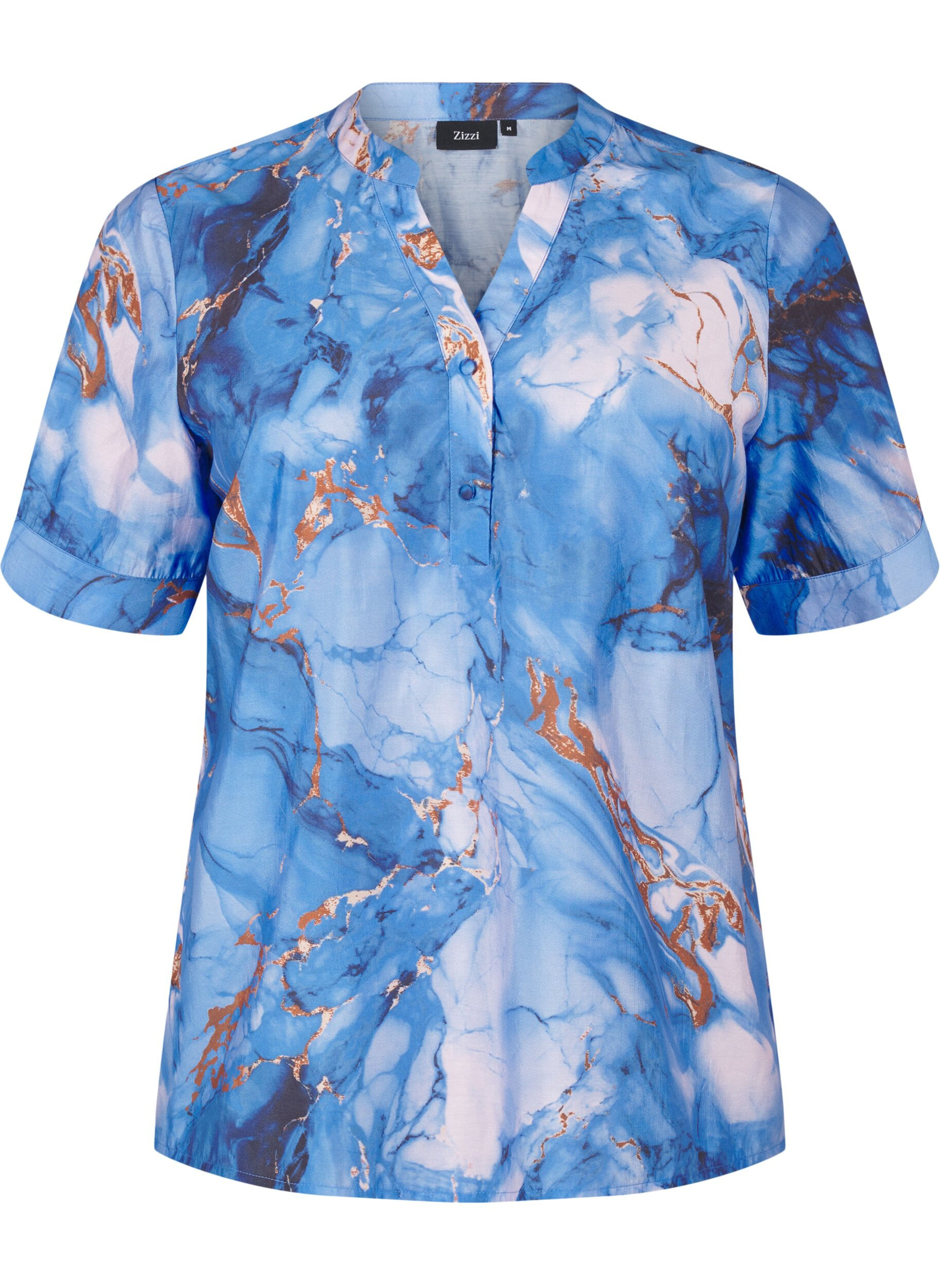 Zizzi Viscose blouse met marmerprint en korte mouwen, Blauw, Packshot image number 0