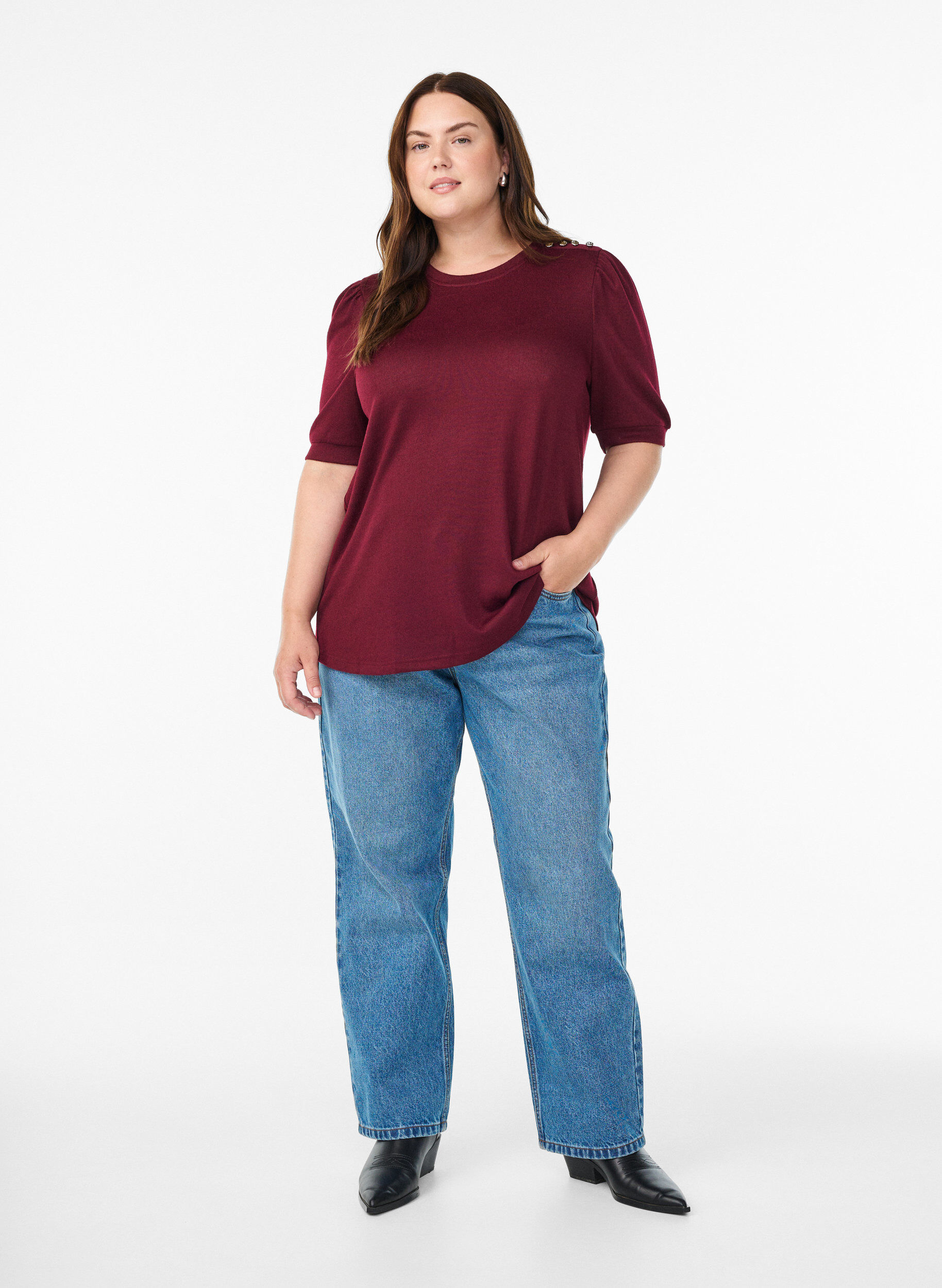 ZizziBlouse met knoopdetail en korte pofmouwen, Donker Bordeaux, Model image number 1