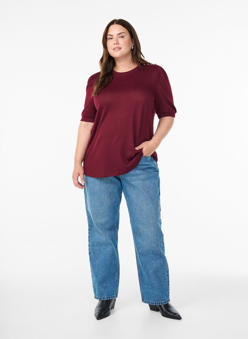 Blouse met knoopdetail en korte pofmouwen, Donker Bordeaux, Model image number 1