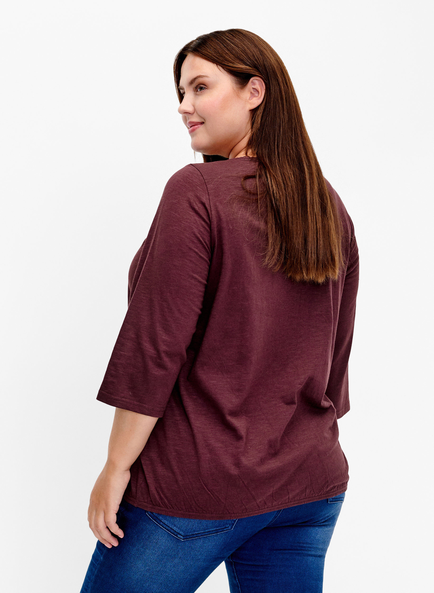 Zizzi Katoenen top met 3/4 mouwen, Fudge, Model image number 1