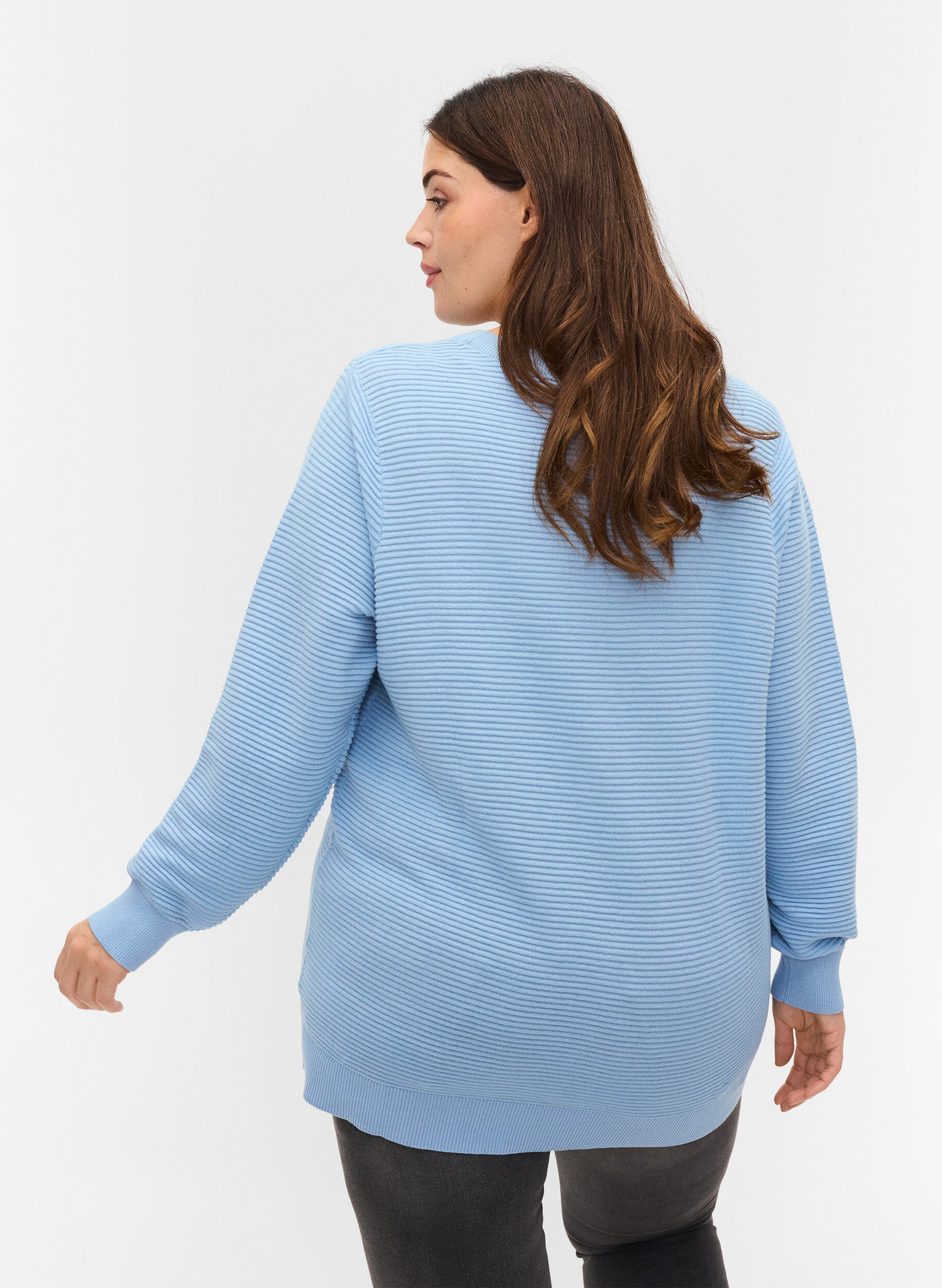 Zizzi Gebreide blouse met lange mouwen van biologisch katoen, Chambray Blue, Model image number 1