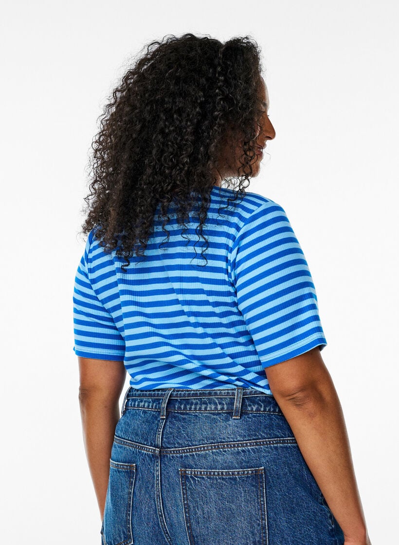 Gestreept T-shirt met geribbelde textuur, Blauw, Model image number 2