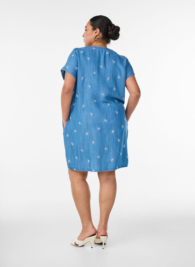 Lyocell jurk met een denimlook en geborduurde bloemen, Blauw, Model image number 2